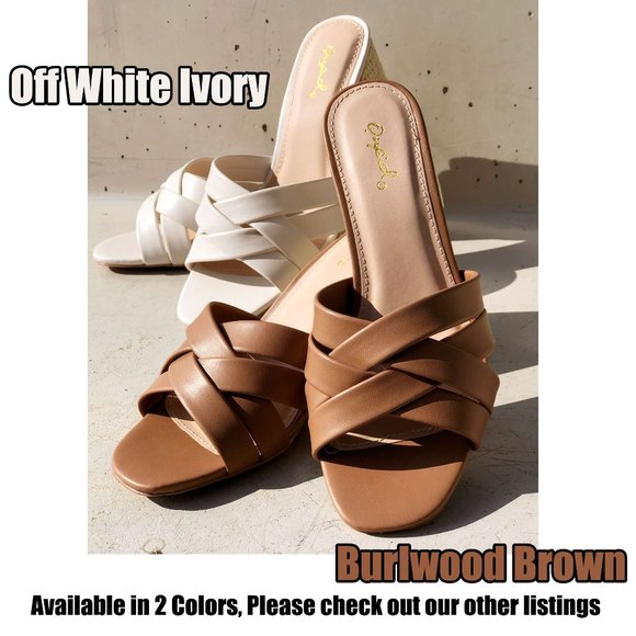 NEW Multi Crisscross Straps Natural Raffia Oval Block Heel Slip On Slide Sandals - Picture 12 of 12